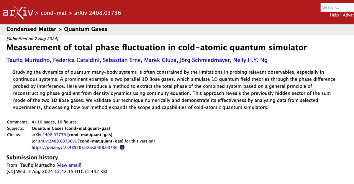 Another fun discovery while working with the Atomchip team at Vienna! We now have a method to extract total phase fluctuations from cold atomic quantum simulators, paving the way to full quantum tomography in these systems :) 

scirate.com/arxiv/2408.037…
