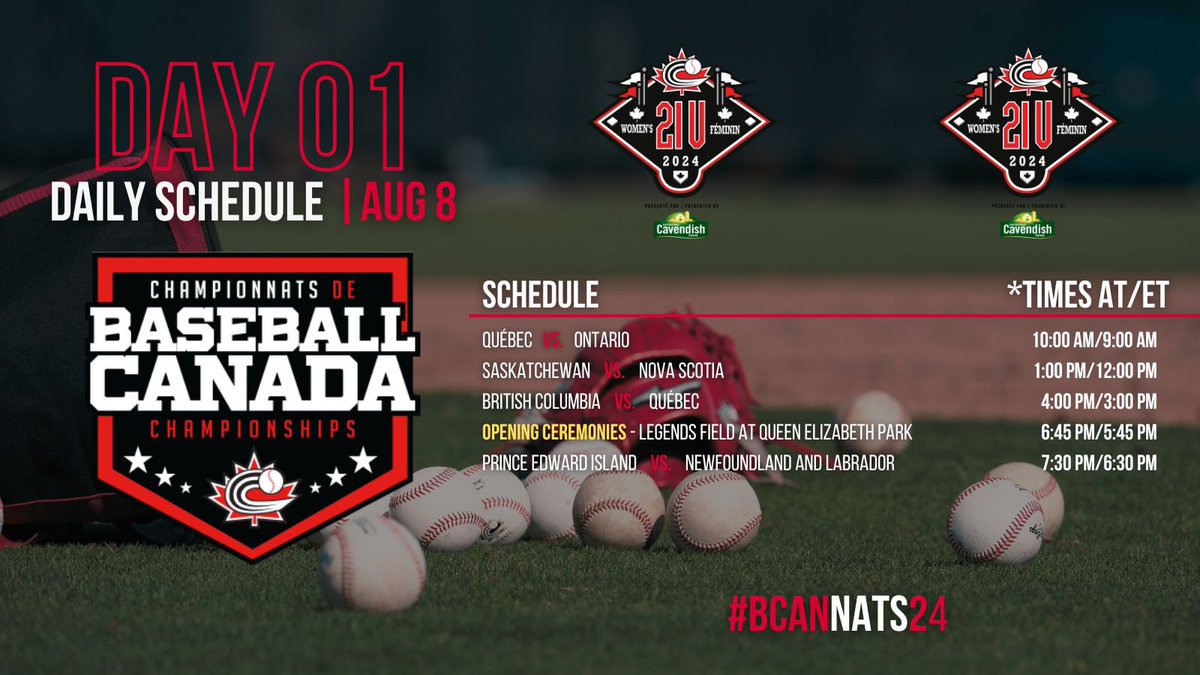 The 2024 21U Women’s Championships are kicking off on Thursday morning in PEI🇨🇦

The tournament opens with a 2023 finals rematch!

More info: baseball.ca/21u-womens-cha…

#BaseballCanada | #BCANNATS24