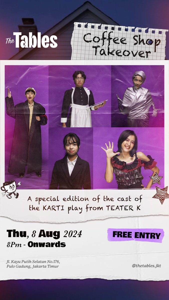Malam ini!

Para cast dari KARTİ akan bertandang ke coffee shop The Tables, Jakarta Timur.

Yang pulang kerja, pulang kuliah, pulang sekolah, bahkan pulang nganggur, langsung aja merapat nanti malam.