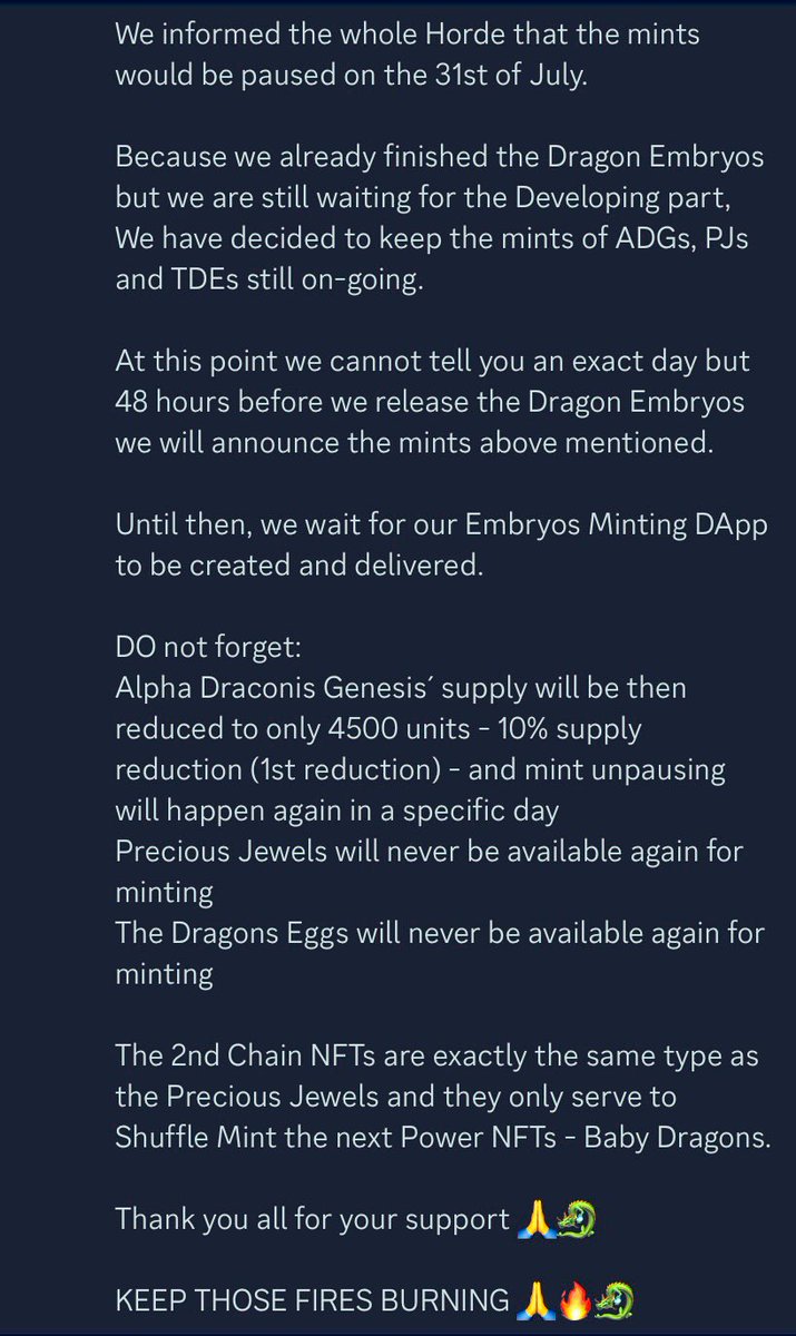 🔥🐉 Draconian News 🐉🔥

Mints are still on going at this time.

🔥🐉Mint Extended🐉🔥

👇Please see the announcement 👇

Alpha Draconis Genesis 
dragons-lair.xyz

Precious Jewels NFT allows shuffles.
dragons-lair.xyz/shuffle.html

Dragon Eggs
dragons-lair.xyz/dragoneggs.html