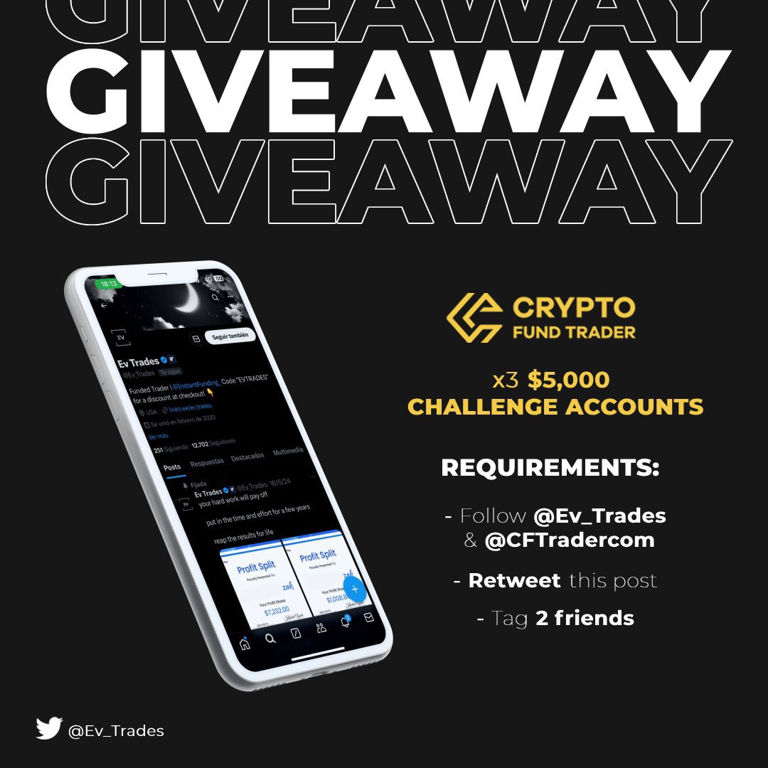 🔒 $15,000 Giveaway 

- 3x $5k Challenges 

To Enter:
- Follow <a href="/Ev_Trades/">Ev</a> &amp; <a href="/CFTradercom/">Crypto Fund Trader</a> 
- Like &amp; Retweet 
- Tag 2 Friends

Winners will be announced in one week ⏳
