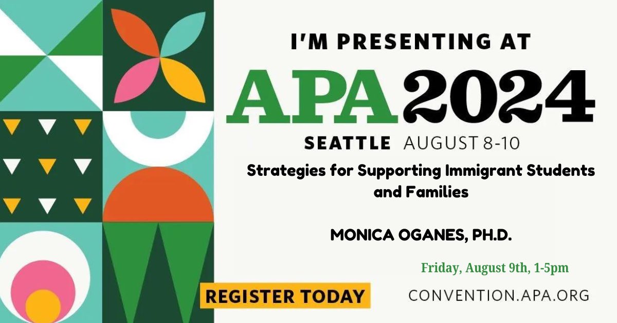 Looking forward to presenting a CE workshop at the American Psychological Association Convention. Will share strategies to work with immigrant children and families in the U.S. based on my recently published book chapter, where I share their stories of resilience. #APA2024