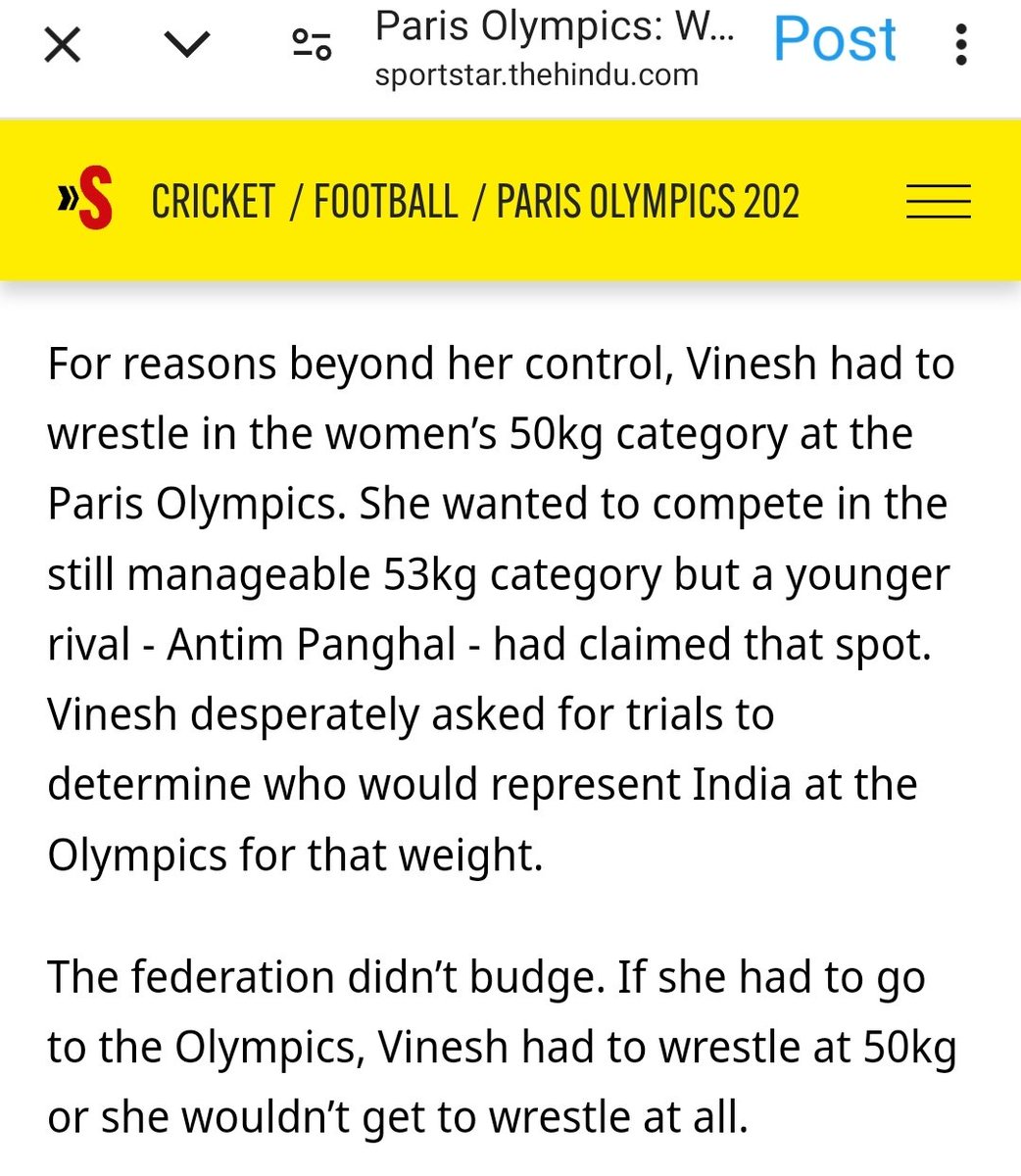 Chinmayi's tweet photo. Vinesh having to go through this entire horror show was because of the Federation which wouldn't let her participate in the category she could manage. 

India would have had Gold today if not for the system, which seemed like it did NOT want her to succeed. 

Nobody else would sabotage their own like we do.