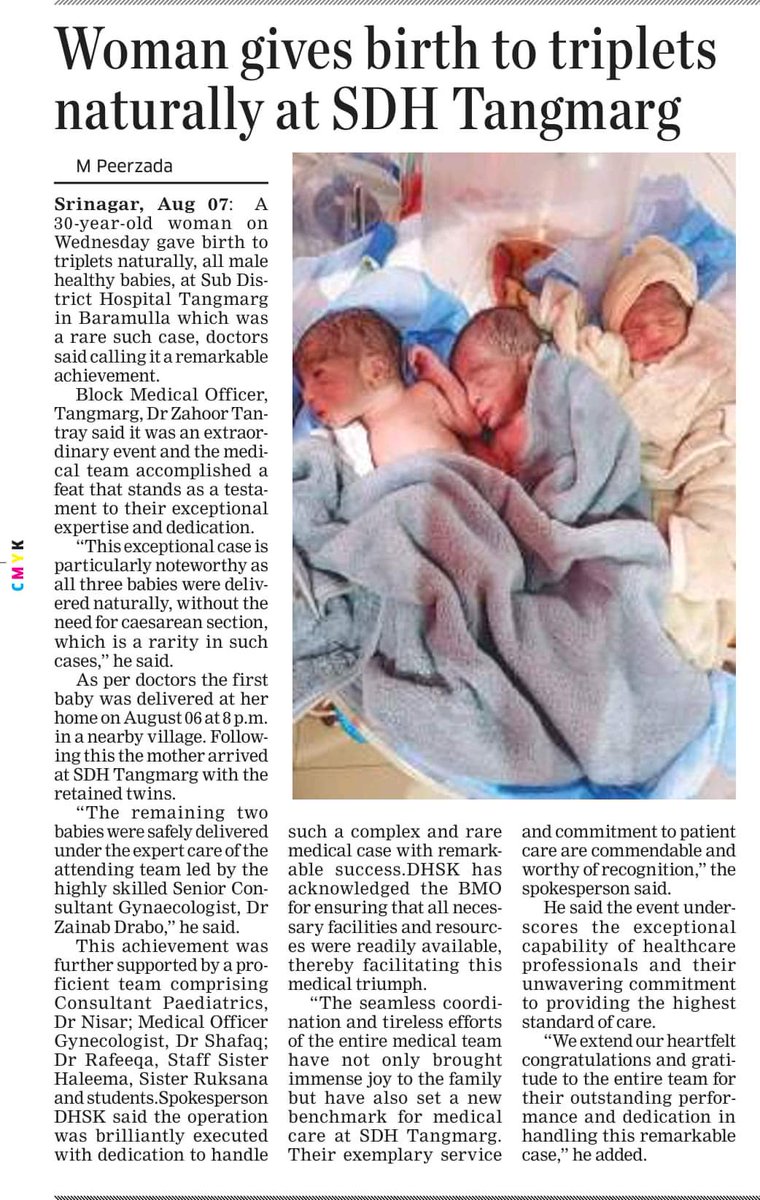 "Congratulations to the incredible medical team at SDH Tangmarg for their outstanding achievement! A 30-year-old mother gave birth to healthy triplet boys naturally, a rare and extraordinary feat. Kudos to Dr. Zahoor Tantray, Dr. Zainab Drabo, and the entire team.<a href="/HealthMedicalE1/">Health & Medical Education Department J&K</a>
