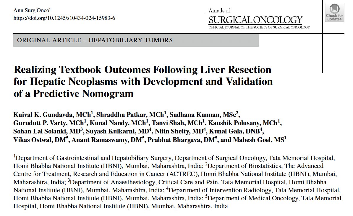 Hepbilisurg_TMH's tweet image. Satisfying when years of hardwork under the leadership of Prof. @drmgoel and Prof. @Shraddha_234 culminates into this.

Excellent work by  @Kaival_Gundavda 

&apos;Textbook Outcome&apos; (TO) following liver resection for hepatic neoplasms

Link to full article
link.springer.com/article/10.124…