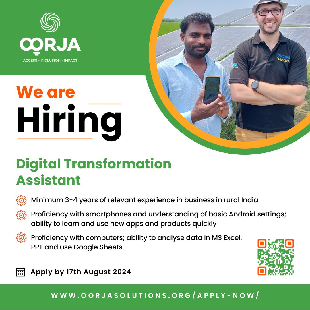 We're looking for a Digital Transformation Assistant to oversee digital product rollouts, focusing on improving digital access and operational efficiency for rural and low-income customers.
Full JD: rb.gy/70d374
Apply now: oorjasolutions.org/apply-now