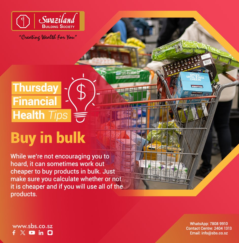 SBSswaziland's tweet image. Thursday Financial Health Tips with SBS💸💰

#CreatingWealthForYou #SBSFinancialTips #SwazilandBuildingSociety #Eswatini