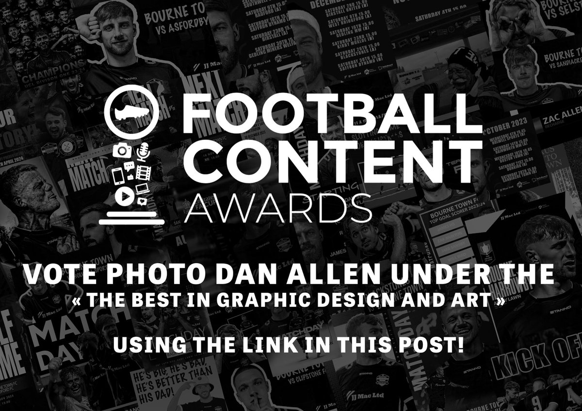 Over the last year I’ve been Lucky enough to help create lots of different design work for <a href="/BourneTownFC/">Bourne Town FC</a> 

If anyone would like to vote for me, please do - docs.google.com/forms/d/e/1FAI…

Any votes are appreciated 🙌🏼

@FansWakes <a href="/chriscgood/">Chris Good</a> <a href="/thedonhepp/">Heppell</a> <a href="/justjones94/">Junior Jones</a>