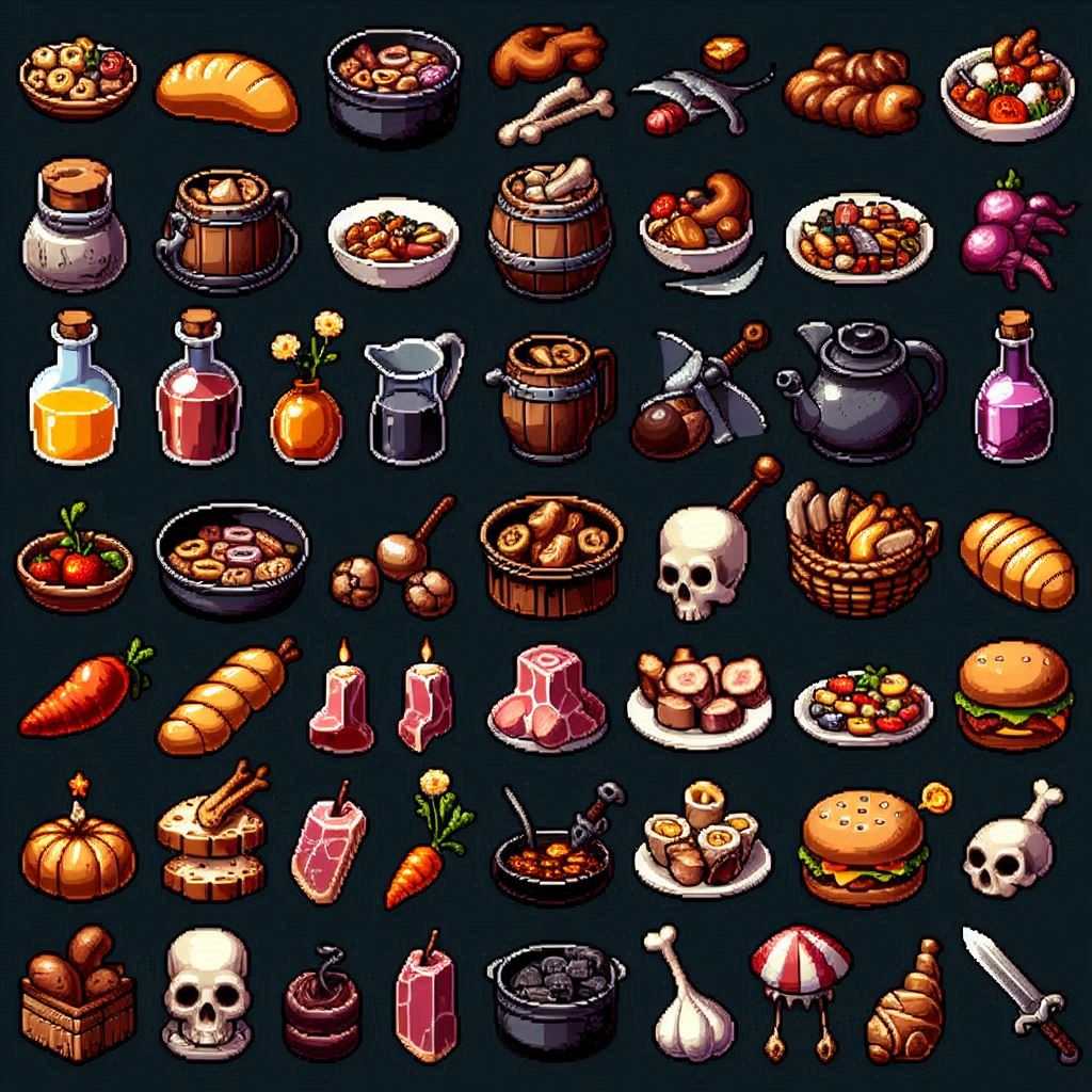 tausinteractive's tweet image. I saw @notch was using AI-generated spritesheets for placeholders in his WIP game so I went over to the Bing image creator to see what it thinks about food items.
Some of these genuinely cracked me up - the meat candles and garlic drumstick are pure comedy