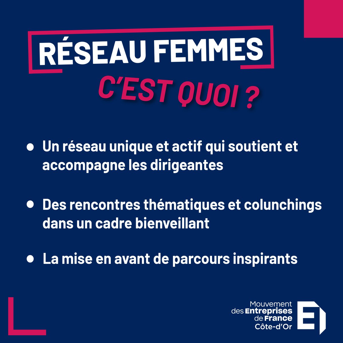 medef21's tweet photo. 🤔 Avez-vous déjà entendu parler du Réseau Femmes du MEDEF21 ?

💡Présidé par Carole GIRARD, il organise plusieurs rencontres thématiques dans l’année, ainsi que des colunchings une fois par mois réservés aux dirigeantes

👉Ne manquez pas la prochaine rencontre le 7/10 

#medef21 https://t.co/2kmpZcGsks