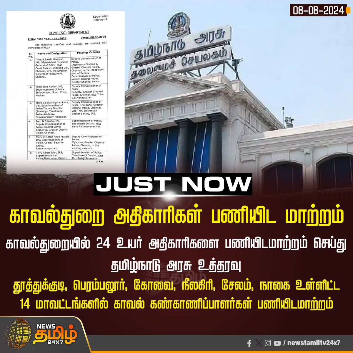 NewsTamilTV24x7's tweet image. #Justnow | காவல்துறை அதிகாரிகள் பணியிட மாற்றம்

#Newstamil24x7 #IPSOfficersTransfer | #TransferOrder | #IPSOfficers |  #TamilNadugovt