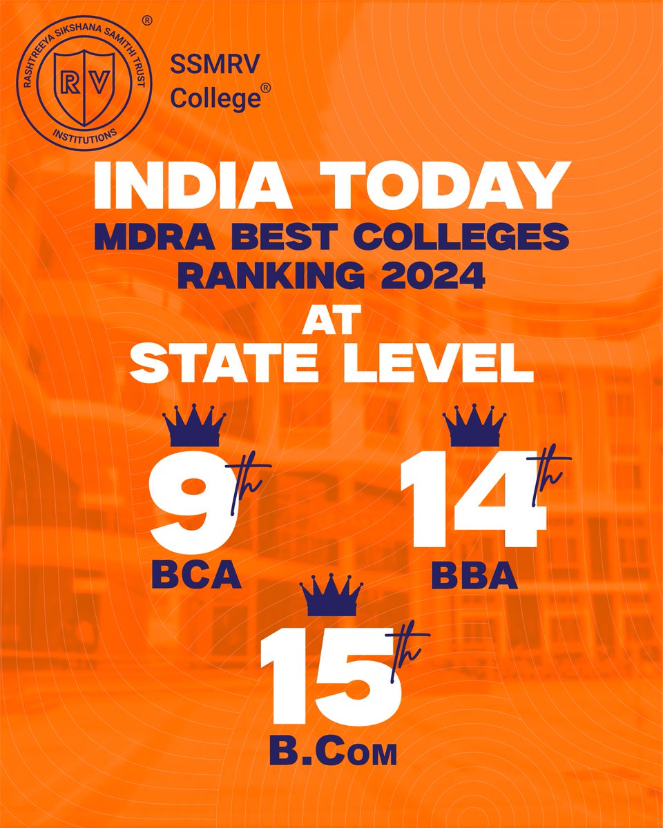 We are excited to share that #SSMRV has been recognised in the prestigious India Today - MDRA Best Colleges Ranking 2024, securing top positions at the state level. As we celebrate these accomplishments, we remain dedicated to striving for even greater heights. 
#RVEI