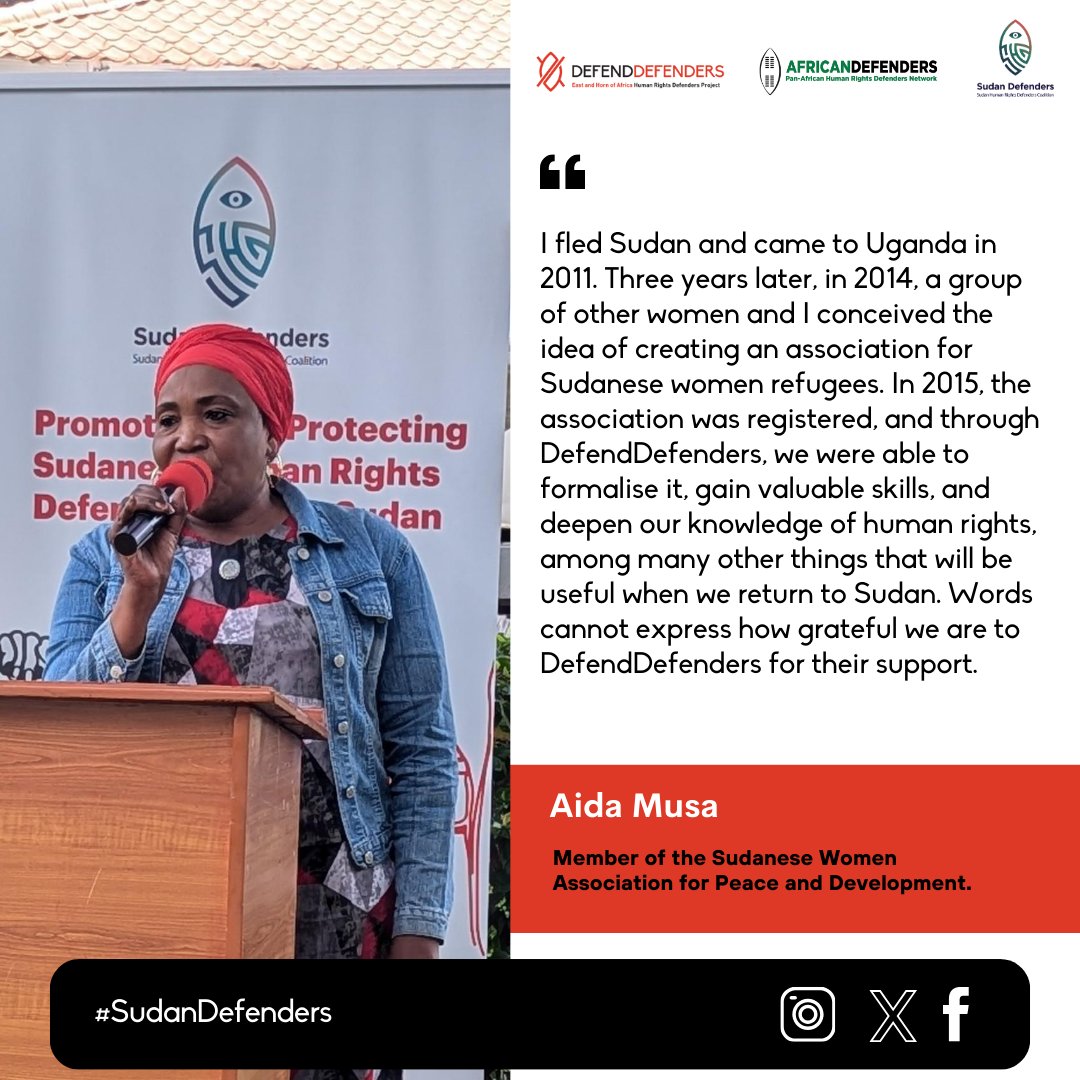 DefendDefenders's tweet photo. Aida Musa shares her testimony as a Woman Human Rights Defender who has been living in Uganda since fleeing Sudan 13 years ago.
#safebutnotsilent #SudanDefenders https://t.co/MFiQgz6gpr