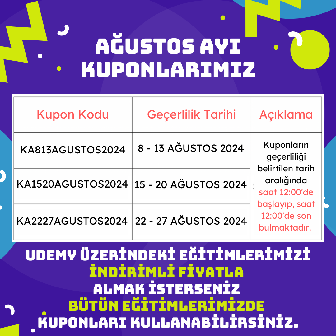 Udemy üzerindeki bütün kurslarımız için kullanabileceğiniz AĞUSTOS ayı kuponlarımız hazır, fırsatı kaçırmayın, başarılar dileriz🥳🎊 #android #ios #flutter #jetpackcompose #swiftui #bootcamp #udemycoupon