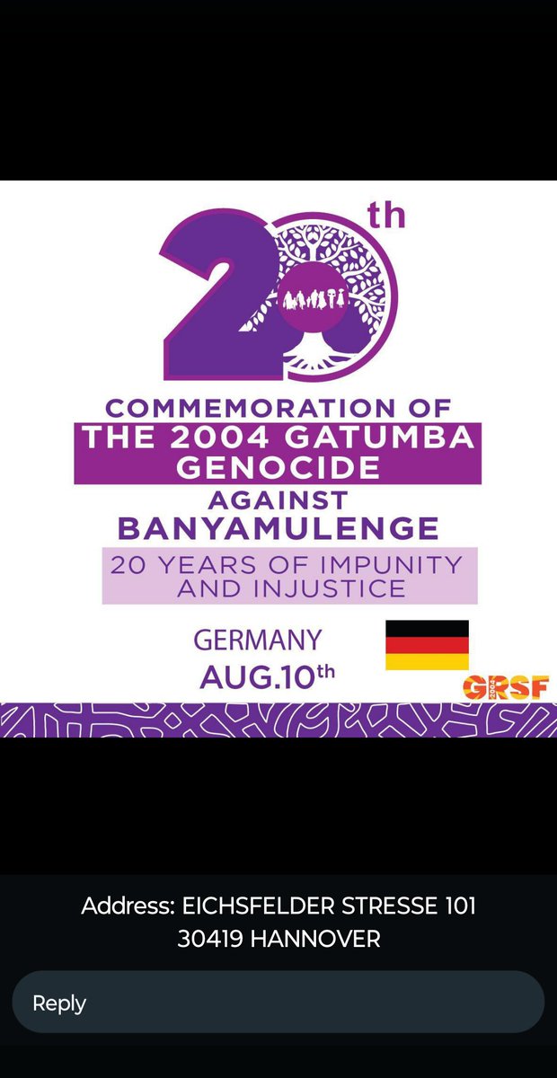 Die Gemeinschaft der #Banyamulenge Gakondo e.V. lädt Sie zum Gedenktag des Massakers von Gatumba ein. Die Veranstaltung findet in der EICHS FELDER STRAße 101,30419 Hannover um 14 Uhr statt.<a href="/GermanyDiplo/">GermanForeignOffice</a> <a href="/kongoecho/">Dominic Johnson</a> <a href="/UNOSAPG/">UN Genocide Prevention</a> <a href="/hrw/">Human Rights Watch</a> <a href="/IS_HumanRights/">International Society for Human Rights</a> <a href="/amnesty_de/">Amnesty Deutschland</a> <a href="/BICC_Bonn/">bicc - Bonn Internat. Centre for Conflict Studies</a> @ABaerbock