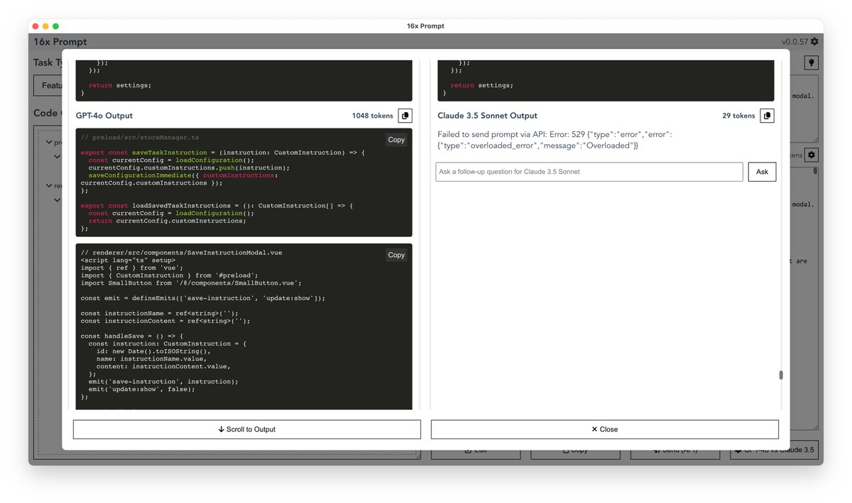 Claude is down but GPT-4o is still working. Which means <a href="/16xPrompt/">16x Prompt</a> continues to work!