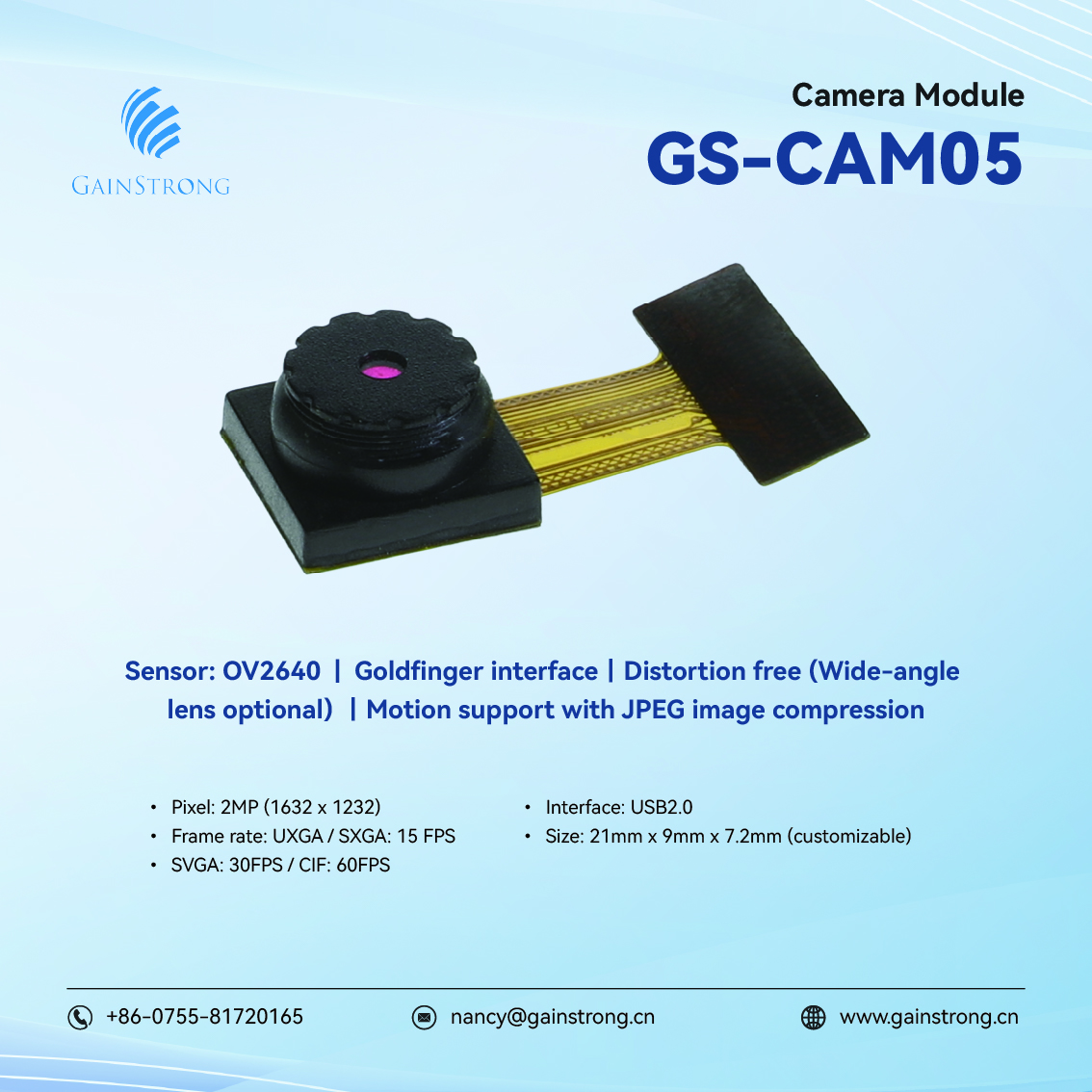 GainstrongNancy's tweet photo. 🥰Introducing the GS-CAM05 - GainStrong's latest addition to its line of high-quality camera modules!

📞#Phone: +86-0755-81720165
📧#Email: nancy@gainstrong.cn
🌐#Website: https://t.co/zUCLS17Cyt

#openwrt #camera #module #wifimodule #cameramodule #pixel #picture https://t.co/ImCkRw566D
