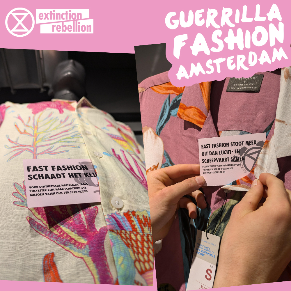 NLRebellion's tweet photo. @XRAmsterdam heeft zich aangesloten bij de Guerrilla! Voor de debuutactie gaven we kleding weg in meer dan een dozijn fast fashion winkels in het centrum van Amsterdam. [1/4] https://t.co/aWLBmEEqE2