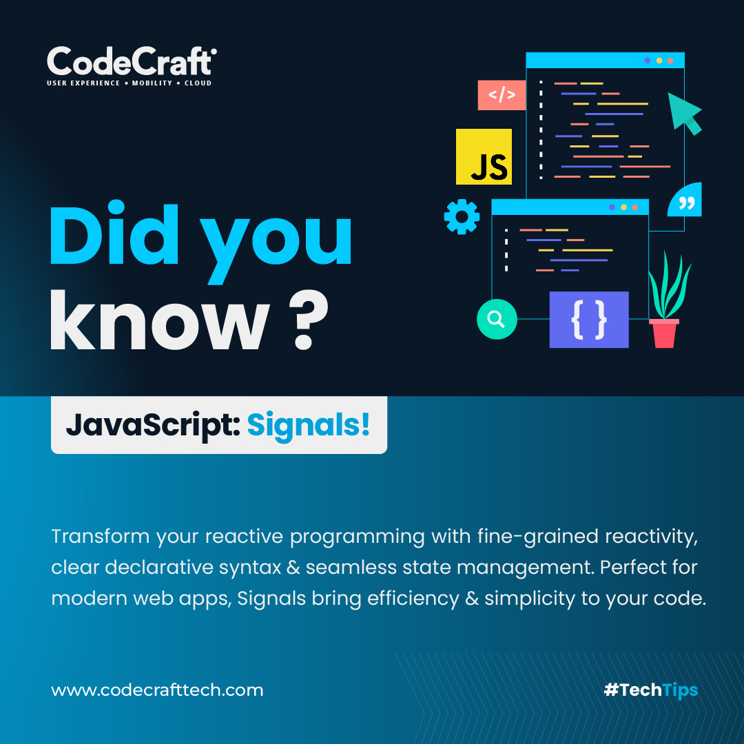codecrafttech's tweet image. Boost your web apps with JavaScript Signals—streamlined reactivity, effortless state management, and clear syntax for a smoother coding experience!
Check out this #TechTips!
#CodeCraftTech #Coding #CodingLife #Programming #CleanCode #SoftwareDevelopment #CodeQuality #JavaScript