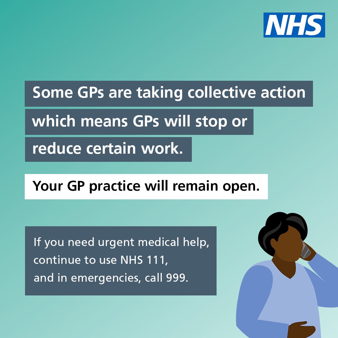 Some GPs are taking collective action, meaning that they stop or reduce certain work.

GP practices will still be open, and you should be able to book appointments. 

If you need urgent help, continue to use NHS 111, and call 999 in emergencies.

👉 selondonics.org/your-gp-practi…