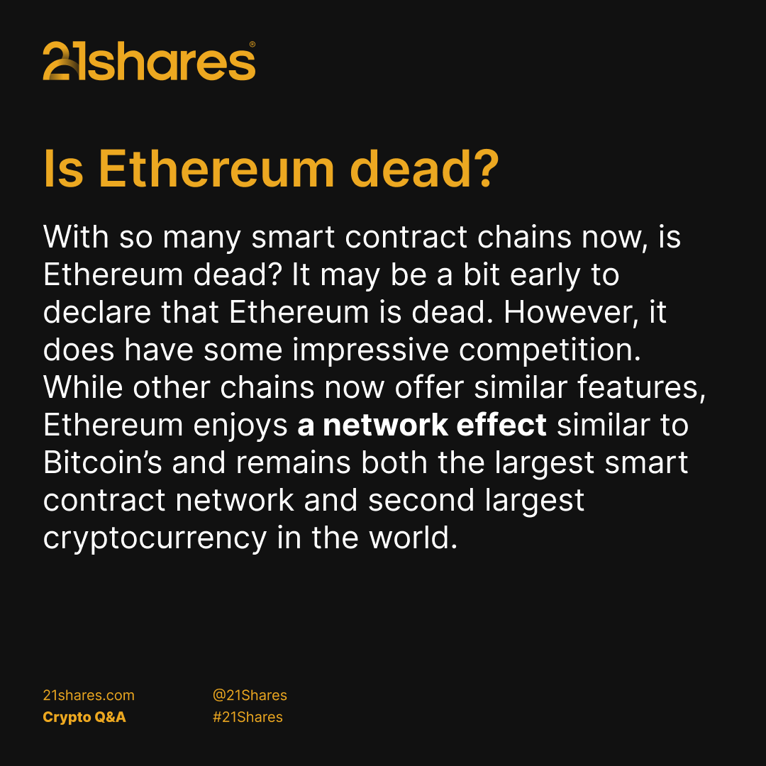 21shares's tweet photo. 🔍Week 3 of our #EthereumExplained series is here! We’re tackling the internet’s burning questions: Is Ethereum dead? Is it deflationary? How does it make money? Stay tuned as we demystify these trending topics. https://t.co/HFBBk22N4T