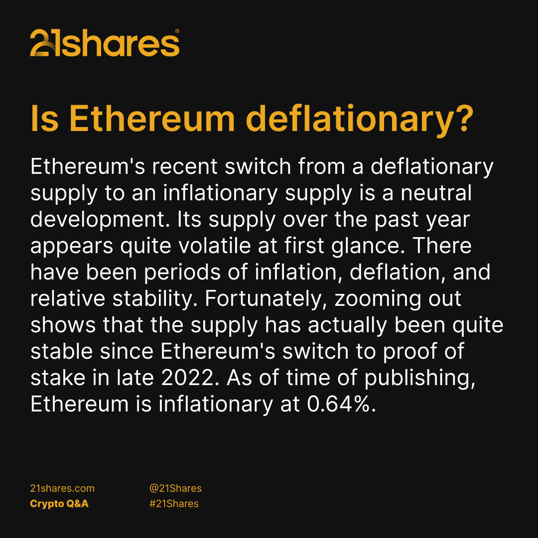 21shares's tweet photo. 🔍Week 3 of our #EthereumExplained series is here! We’re tackling the internet’s burning questions: Is Ethereum dead? Is it deflationary? How does it make money? Stay tuned as we demystify these trending topics. https://t.co/HFBBk22N4T