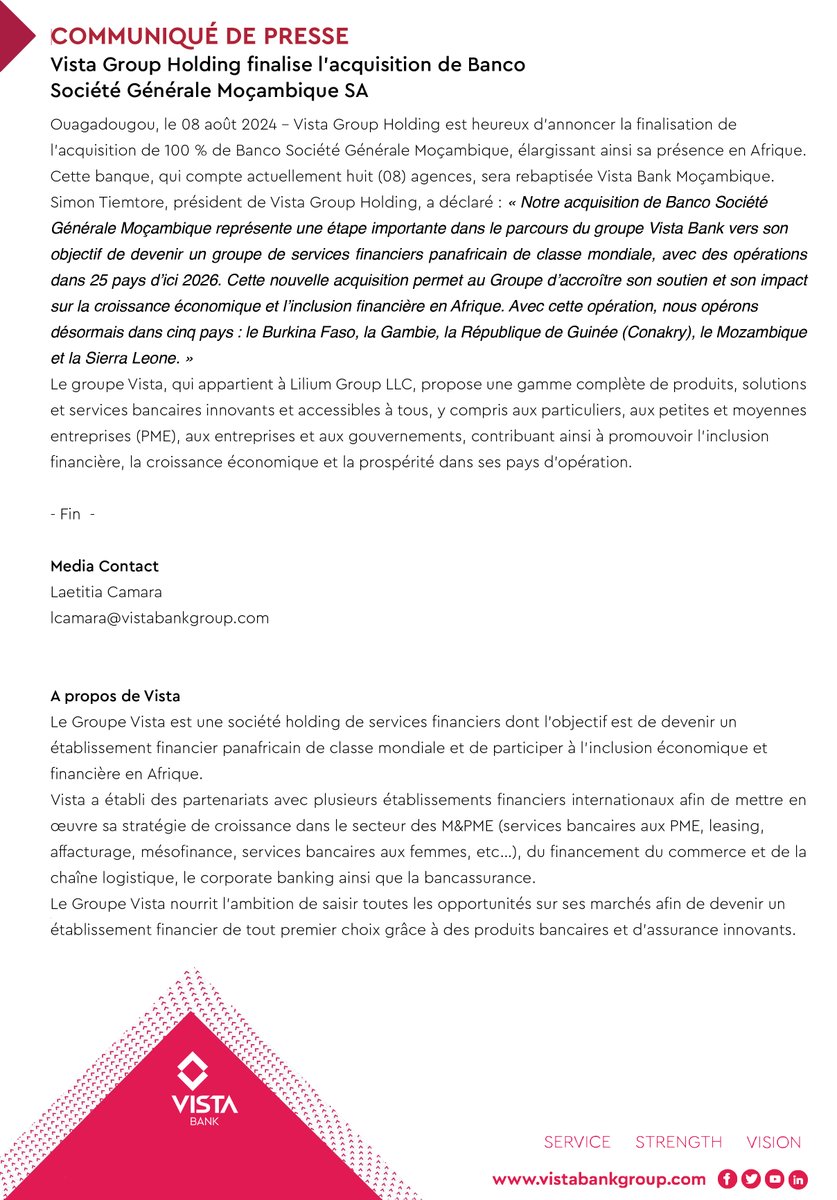 Vista Bank Group (@vista_bank) on Twitter photo Nous sommes ravis d'annoncer que Vista Group Holding a officiellement finalisé l'acquisition de Banco Société Générale Moçambique ! 🎉
<a href="/Simon_2T/">Simon</a>
<a href="/vistaburkina/">Vista Bank Burkina</a> <a href="/VistaBankGN/">Vista Bank Guinée</a> <a href="/Vista_Bank_SL/">VISTA BANK SIERRA LEONE</a> <a href="/Vista_Gambia/">VISTA BANK GAMBIA</a> <a href="/VISTAGUI/">VISTA GUI</a> <a href="/vistaAssurances/">Vista Assurances Guinée</a> Nous sommes ravis d'annoncer que Vista Group Holding a officiellement finalisé l'acquisition de Banco Société Générale Moçambique ! 🎉
<a href="/Simon_2T/">Simon</a>
<a href="/vistaburkina/">Vista Bank Burkina</a> <a href="/VistaBankGN/">Vista Bank Guinée</a> <a href="/Vista_Bank_SL/">VISTA BANK SIERRA LEONE</a> <a href="/Vista_Gambia/">VISTA BANK GAMBIA</a> <a href="/VISTAGUI/">VISTA GUI</a> <a href="/vistaAssurances/">Vista Assurances Guinée</a>