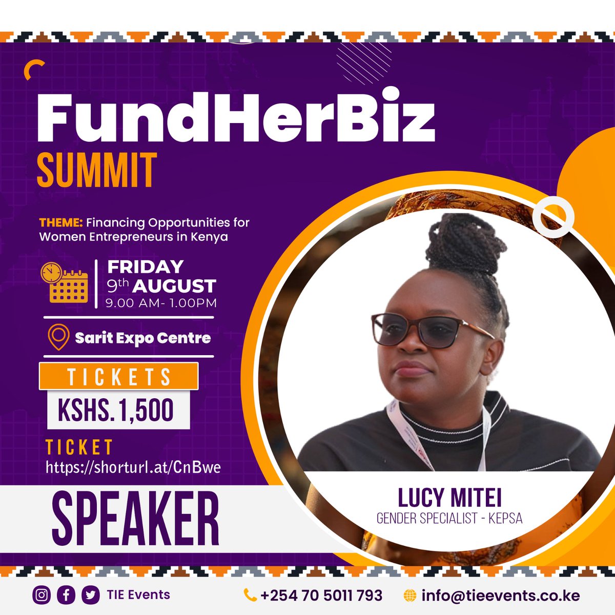 TIEEventsKe's tweet photo. We’re honored to have Lucy Mitei, Gender Specialist at KEPSA, as a speaker at the FundHerBiz Summit tomorrow from 9 AM. Don’t miss her valuable insight - register now at https://t.co/bcvsPl8BeB. Tickets are closing soon, so secure your spot now! https://t.co/pliBcJMtgP