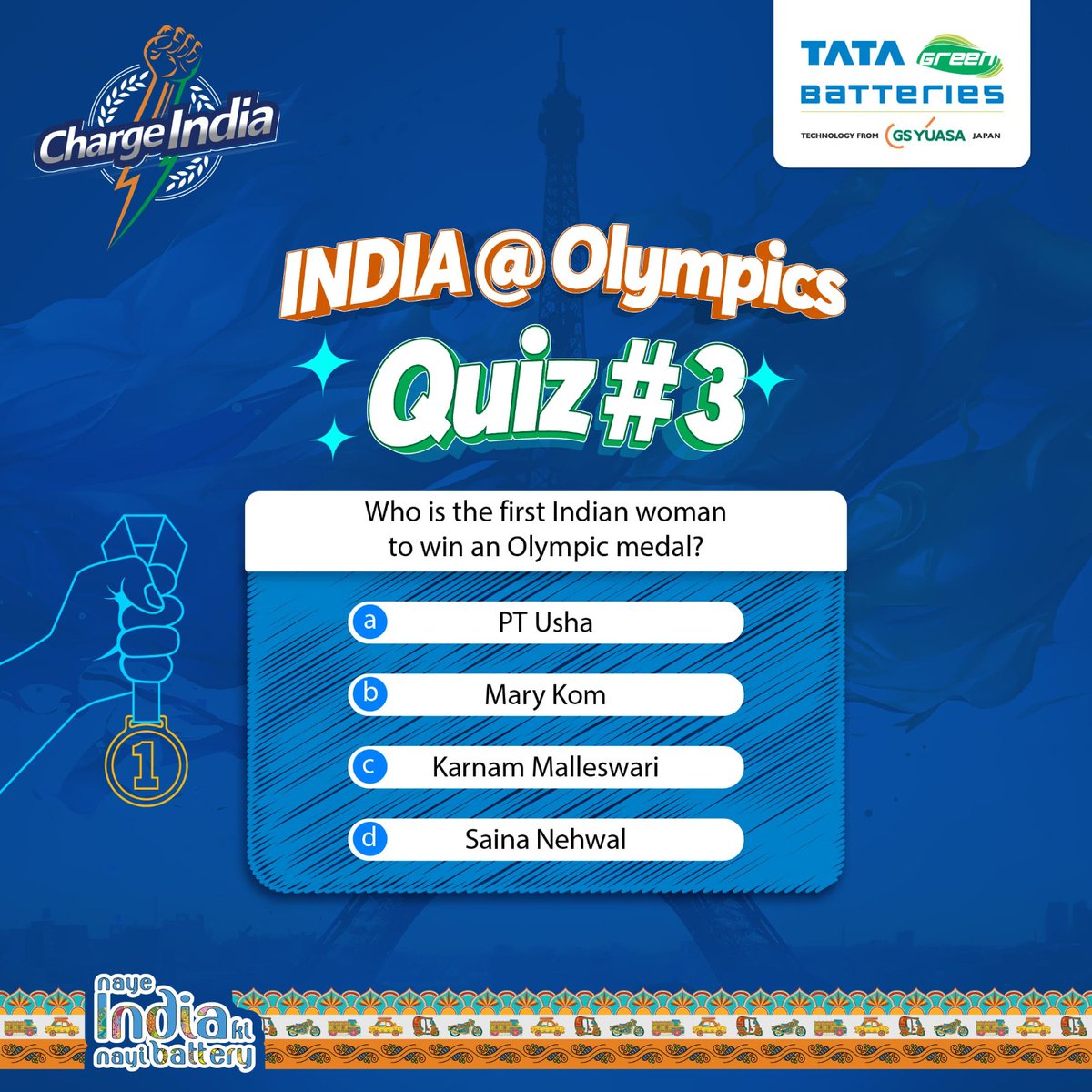 It's time to play! 💪 

Show off your Olympic knowledge! Wear the thinking hat, recall and proceed.  

Comment your answers below👇

 #ChargeIndia #Olympics2024 #ParisOlympics2024 #ParticipateAndWin #ContestAlert #Quiz #Trivia #NayeIndiaKiNayiBattery #TataGreenBattery
