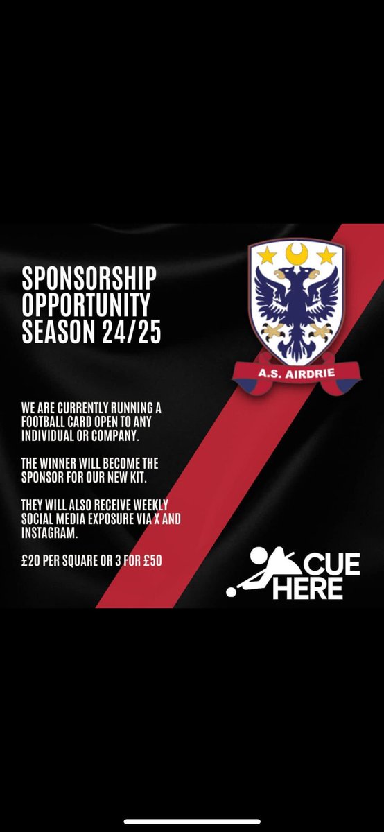 AS_Airdrie's tweet photo. 🚨Attention All🚨

We are running a football card open to any company or individuals willing to take a shot. 

£20 per square or 3 for £50

Anyone interested get in touch. Much appreciated https://t.co/lEyKFjnRVq