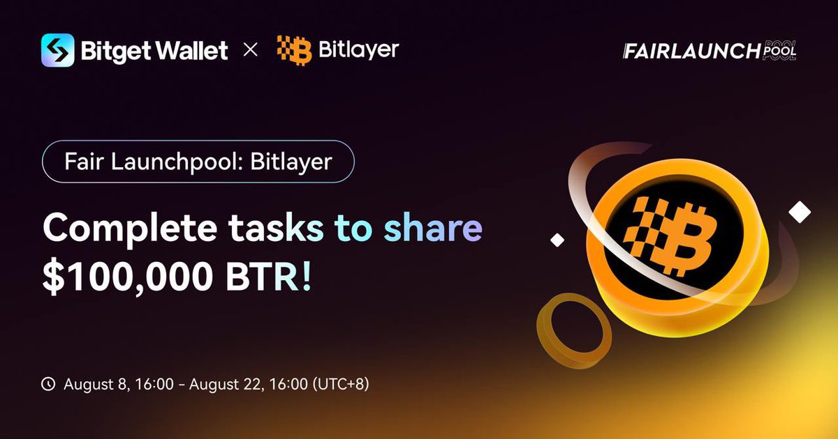 BitgetWallet's tweet photo. 🌟 #FairLaunchpool with @BitlayerLabs has arrived! 

🚀 Get ready for a thrilling adventure! From August 8, 16:00 to August 22, 16:00 (UTC+8), head to the Bitlayer event page and bridge $5 U via Bitget Wallet for a chance to share in a whopping $100,000 BTR! 

New users, complete tasks and grab an extra 1-5 U! Don't miss out! 🌟 

📝 How to Participate:
1️⃣ Download #BitgetWallet: https://t.co/qsHUOjzkbj
2️⃣ Visit Earning Center > Fair Launchpool
3️⃣ Complete Bitlayer tasks

📅 Event Duration: August 8, 16:00 - August 22, 16:00 (UTC+8)

#Bitlayer #Bitget