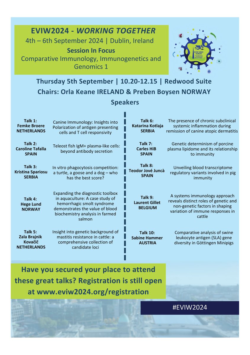 EVIW 2024 is fast approaching! Take this opportunity to examine the leading speakers and cutting-edge presentations scheduled for our session on Comparative Immunology, Immunogenetics and Genomics I. 

Registration still available! #ECI2024 #OneHealth 

eviw2024.org/registration/