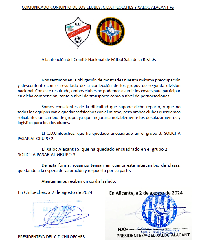 Ojo... El Xaloc Alacant de Segunda División Femenina se retira de la competición tras la negativa de la RFEF de hacer un intercambio entre el Chiloeches y el Xaloc Alacant F.S.

Aqui os dejo el comunicado conjunto para solicitar el cambio de grupo de ambos equipos.