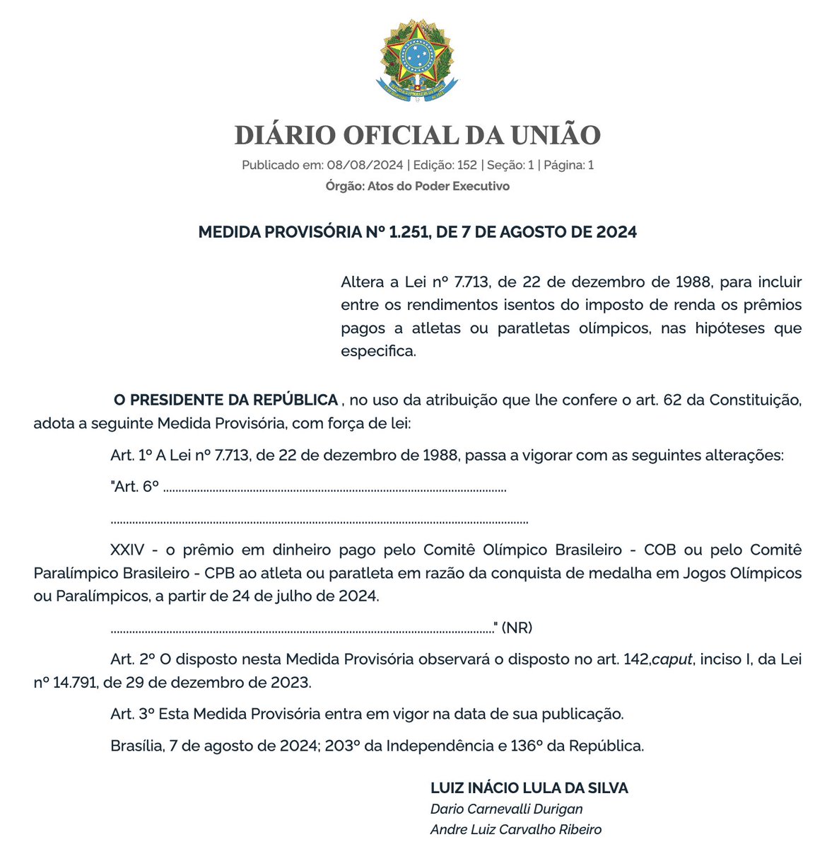 MEDIDA PROVISÓRIA Nº 1.251, DE 7 DE AGOSTO DE 2024

Altera a Lei nº 7.713, de 22 de dezembro de 1988, para incluir entre os rendimentos isentos do imposto de renda os prêmios pagos a atletas ou paratletas olímpicos, nas hipóteses que especifica.

🔗: gov.br/planalto/pt-br…