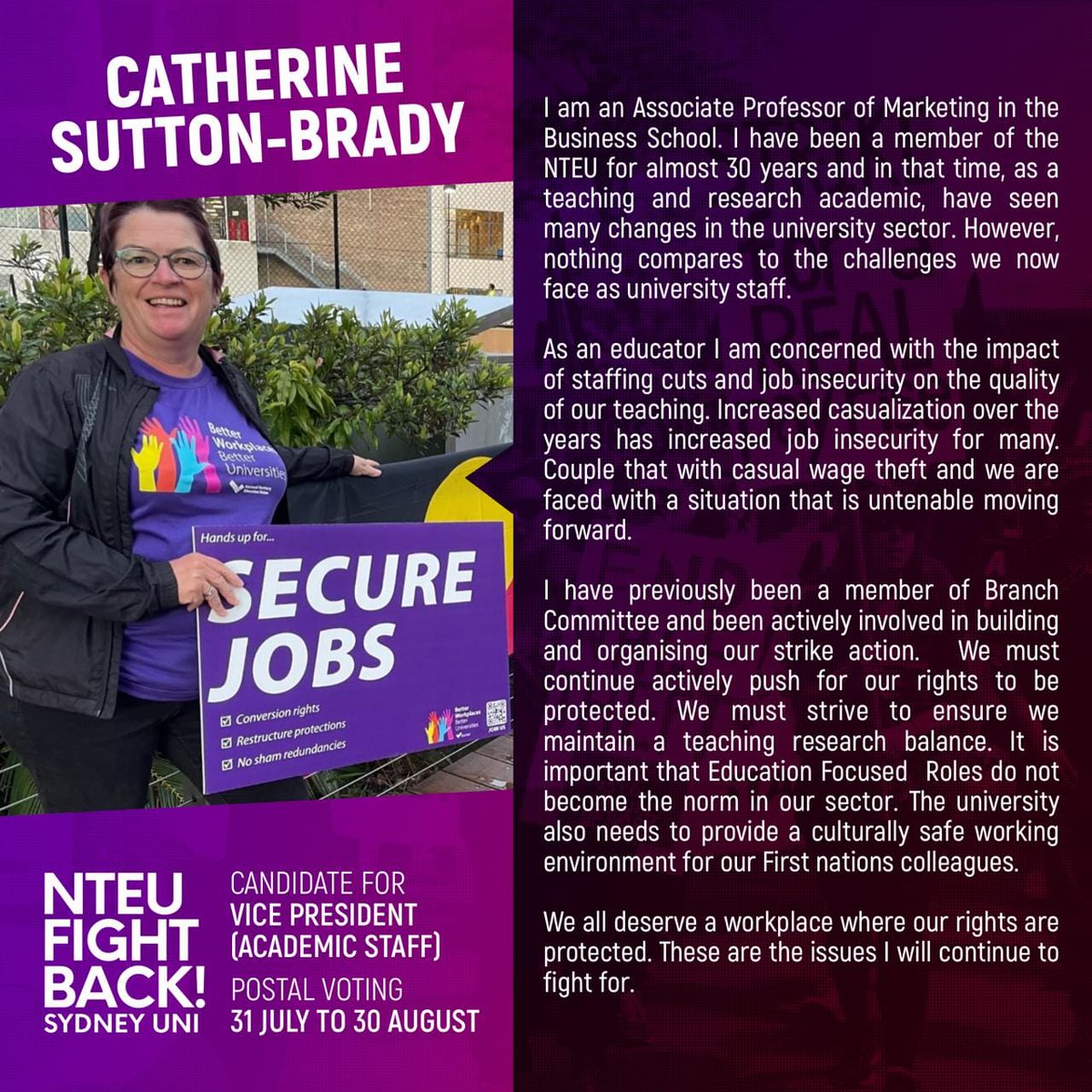 SydneyFight's tweet photo. Catherine has been a member of the NTEU for 30 years. She is an Associate Professor of marketing, a principled unionist, and our candidate for Vice President - Academic Staff.
https://t.co/MYslK21Koi https://t.co/et8Z4AfcNj