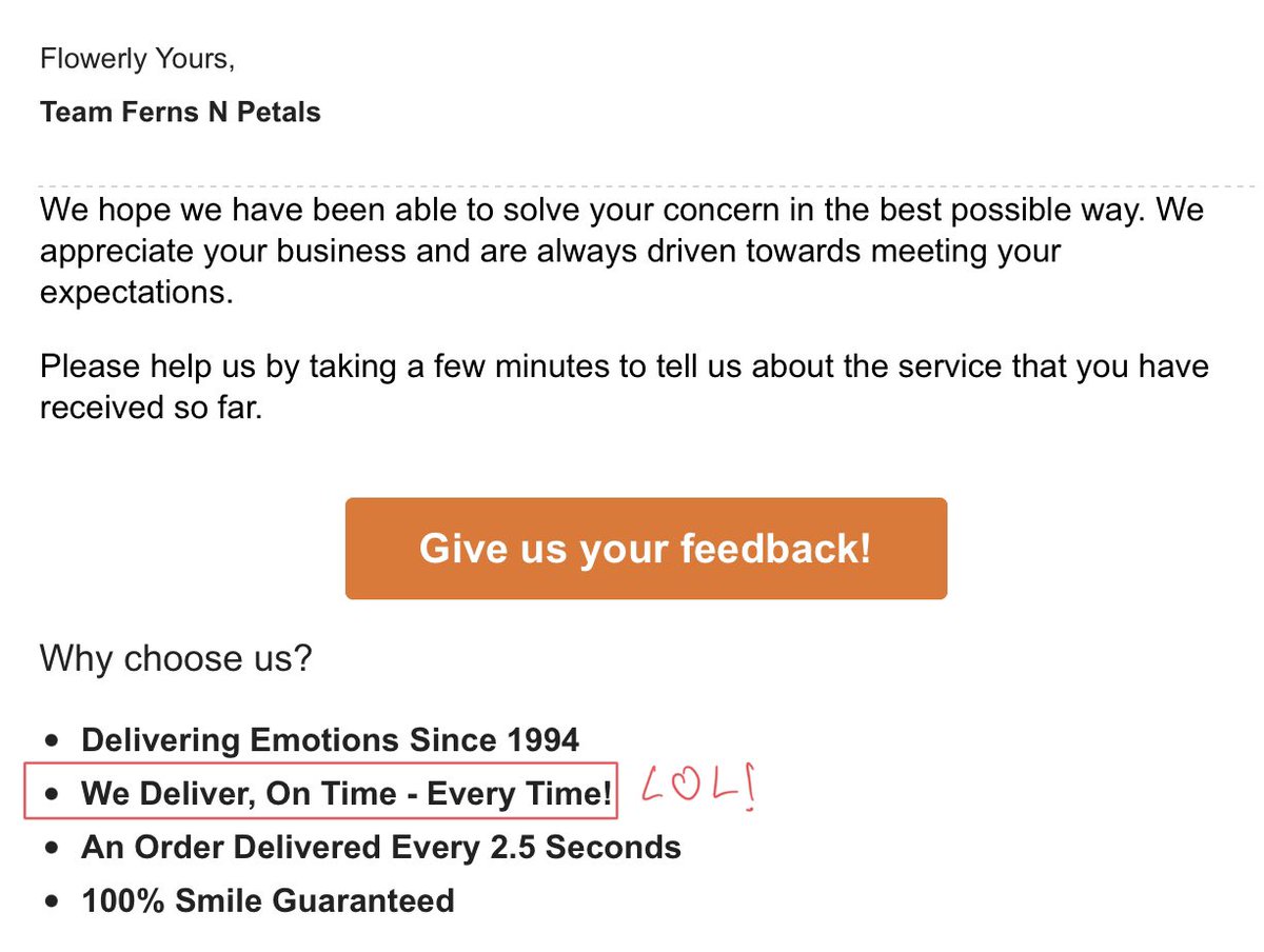 UIOPAPS's tweet photo. @fnp_ind Fraud alert 🚨 
Never delivers on time while they say this 😂😂 https://t.co/W0xLtpDxdM