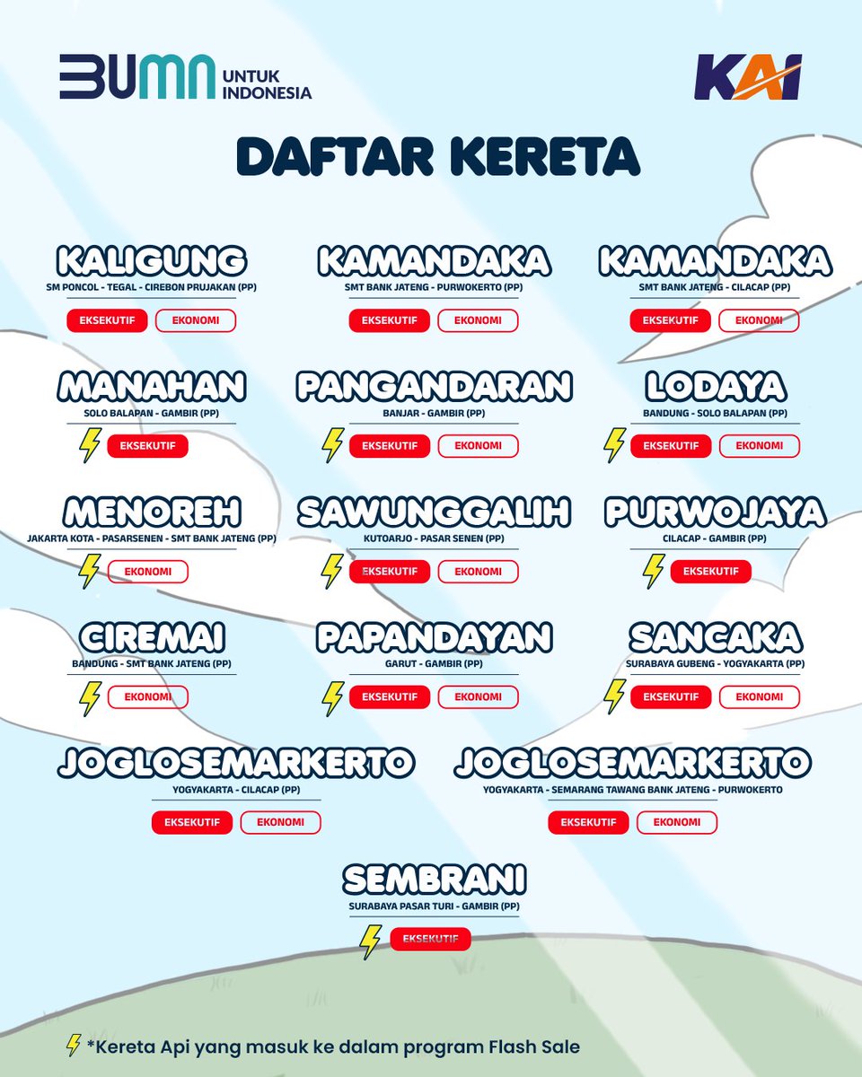 KAI121's tweet photo. Catat ya, guys! Promo Panjat Pinang ini berlaku untuk kereta api dengan keberangkatan 17-31 Agustus 2024. 🗓️

Jadi, udah siap belum buat nge-war tiket kereta api di promo "Panjat Diskonnya Pinang Untungnya" kali ini? Jangan lupa syarat dan ketentuannya ya! 🥰

Yuk, tag temen kamu, biar sama-sama dapet diskon dan untung! 🤩

#KAI121 
#PromoPanjatPinang 
#AyoNaikKereta 
#KeretaApi