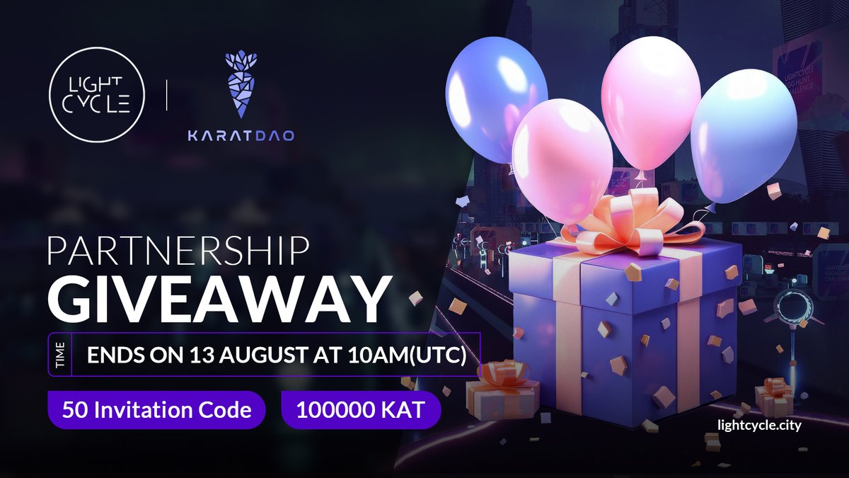 LightCycle (@lightcycle_city) on Twitter photo 🎉 LightCycle X <a href="/KaratDAO/">KaratDAO 🥕 AI Prediction Market Agent</a> Partnership Giveaway 🎉
📣 Attention all crypto enthusiasts! 📣
We're thrilled to announce our partnership with KaratDAO, and to celebrate, we're giving away a total of 250 prizes! 🎁
How to Enter:
Click the link below to participate: 🎉 LightCycle X <a href="/KaratDAO/">KaratDAO 🥕 AI Prediction Market Agent</a> Partnership Giveaway 🎉
📣 Attention all crypto enthusiasts! 📣
We're thrilled to announce our partnership with KaratDAO, and to celebrate, we're giving away a total of 250 prizes! 🎁
How to Enter:
Click the link below to participate: