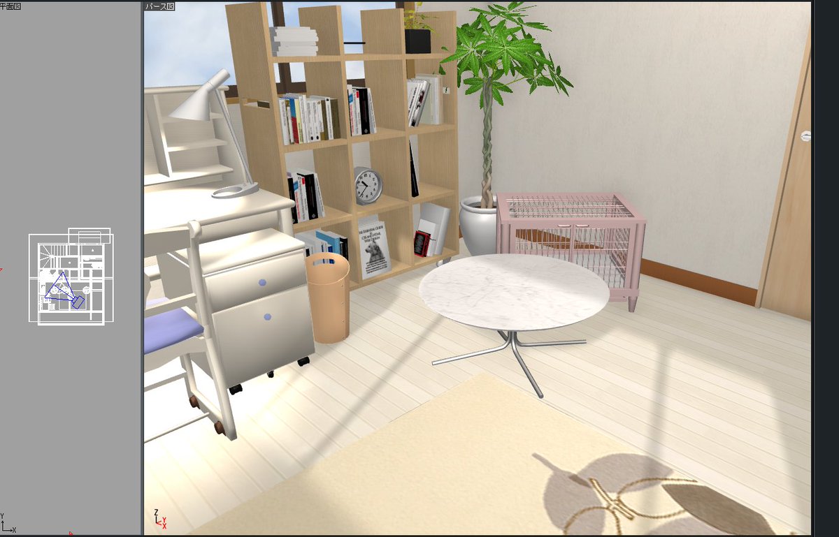 これは背景用に作った悟くんの部屋ですが、アニメで見た兎山邸がデカすぎてこんな狭くないね…ゴメンな…という気持ち😵‍💫

アニメで見た感じだとガレージは車2台分?敷地も広く3階建てか?外構工事のみで1億円は越えそう雰囲気。 