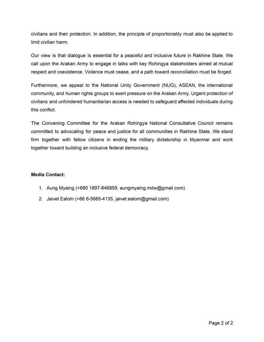RJI2030's tweet photo. Urgent Appeal for Protection of Rohingya Civilians
The situation in Maungdaw has reached a critical juncture,with escalating conflict between the
SAC and the AA over the past two months. Weare deeply concerned about the increased targeting of Rohingya civilians by both sides https://t.co/26GCTL4wmP
