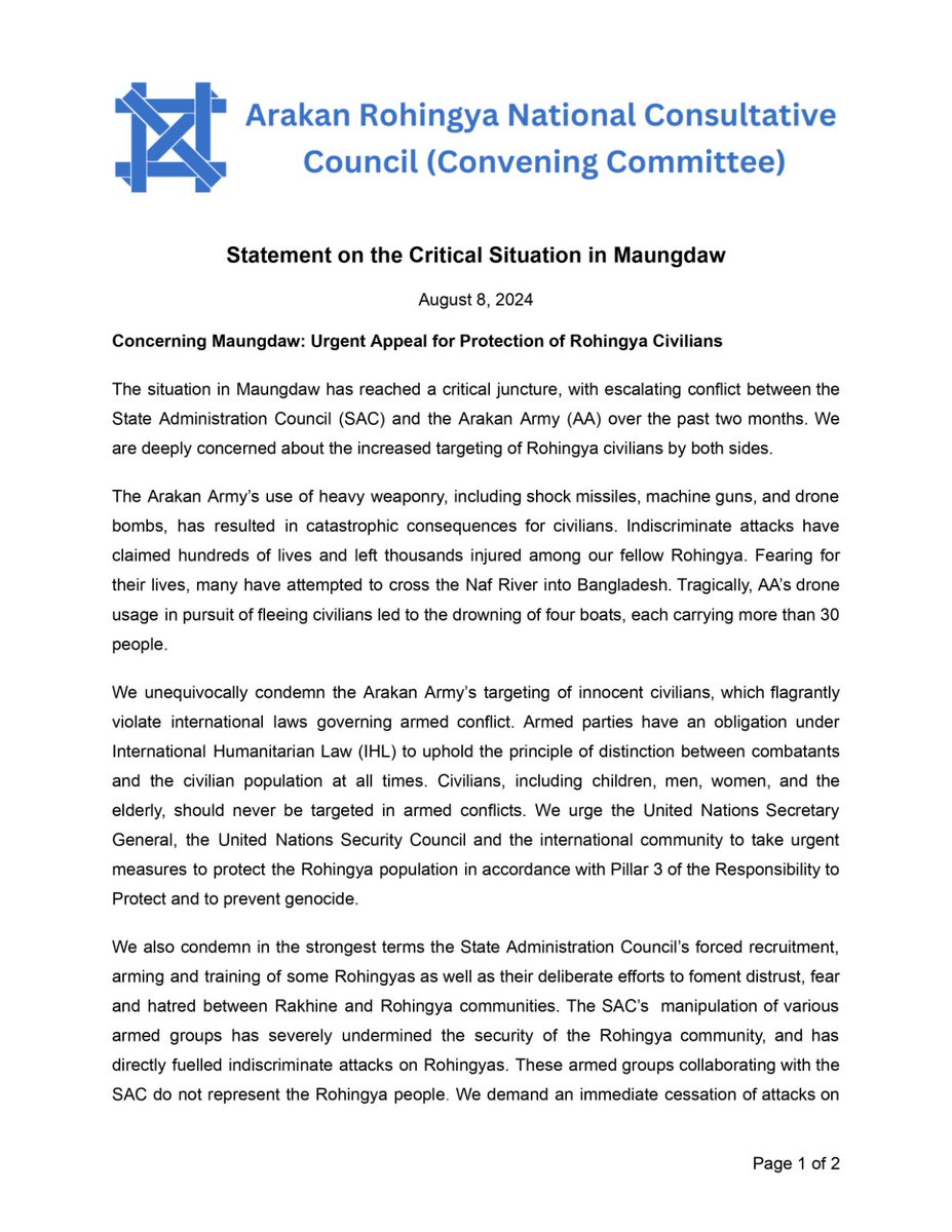 RJI2030's tweet photo. Urgent Appeal for Protection of Rohingya Civilians
The situation in Maungdaw has reached a critical juncture,with escalating conflict between the
SAC and the AA over the past two months. Weare deeply concerned about the increased targeting of Rohingya civilians by both sides https://t.co/26GCTL4wmP