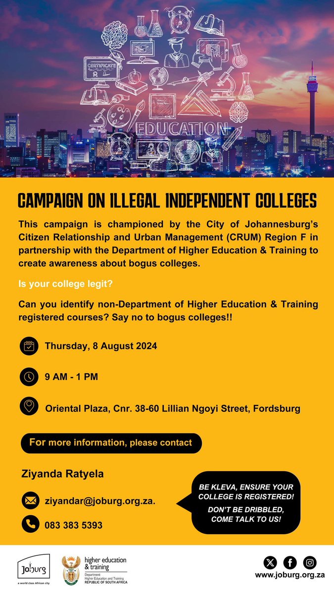 CityofJoburgZA's tweet photo. 🚨 Ready for college? Join us on Aug 8, 2024, from 9 AM to 1 PM at Oriental Plaza, Fordsburg, to learn how to spot fake colleges! Don’t get scammed! 🎓✋ Contact Ziyanda at ziyandar@joburg.org.za or 083 383 5393. #LegitEducation  #StayInformed  #JoburgEvents #JoburgCares ^MR https://t.co/BHooC4Nj0M