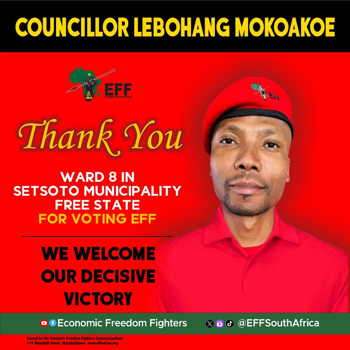 Ward 8 in Setsoto Municipality (Free State) is now led by the EFF.

Good work to the ground forces! 

Ward Councillor Lebohang Mokoakoe will hit the ground running to get  services to our people.

The by elections results are as follows; 

EFF - 1207

ANC - 709

Others - 286

Kea