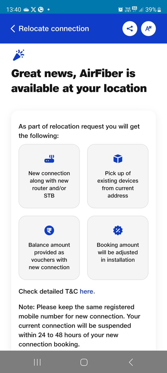 amibhatt's tweet photo. @reliancejio @JioCare @JIOAIRFIBERIN Jio sales personnel care a damn 4 co. business MyJio app shows service availability of AirFiber where in need to relocate bt sales ppl say otherwise and even said I can go ahead and take service of Airtel instead. https://t.co/zThLXfmvWJ