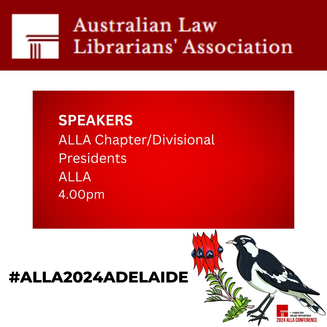 Let's hear from the Chapter/Divisional Presidents of ALLA who are presenting on initiatives and events within their states/territories around Aus.
#ALLA2024Adelaide #ALLA24 #LawLibrarians