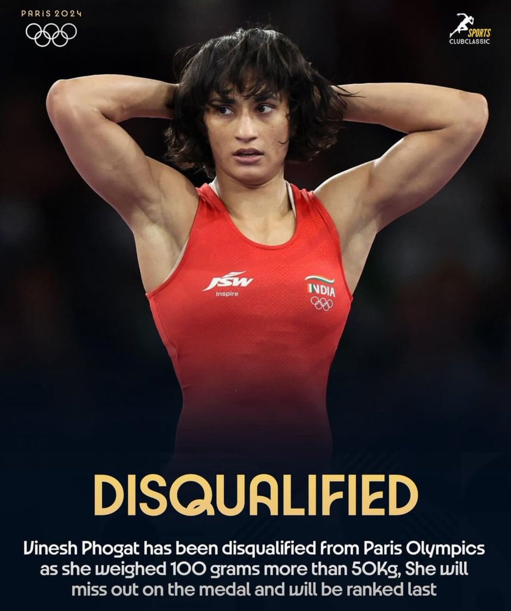 womenpostingws's tweet photo. Vinesh Phogat missed weight by 100 grams (the equivalent of 6 clementine pieces) and was disqualified from her finals match, where she would have won her first silver or gold medal. She was hospitalized from exhaustion & devastation, and announced a heartbreaking message that she is retiring from wrestling.

She may not have won an Olympic medal, but she remains a strong, incredible force who has inspired millions of young women around the world. She deserves all the love and support ❤️