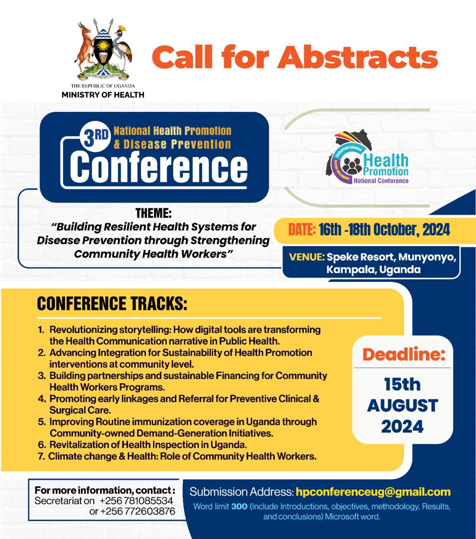Dr. Richard Kabanda (@richardkabanda2) on Twitter photo There's an extension for submission of the abstracts for the 3rd conference. Share with us what you have done in advancement of Health Promotion and Disease Prevention Efforts <a href="/MinofHealthUG/">Ministry of Health- Uganda</a> <a href="/AfricaCDC/">Africa CDC</a> <a href="/WHOUganda/">WHO Uganda</a> <a href="/UNICEFUganda/">UNICEF Uganda</a> <a href="/USAID/">USAID</a> There's an extension for submission of the abstracts for the 3rd conference. Share with us what you have done in advancement of Health Promotion and Disease Prevention Efforts <a href="/MinofHealthUG/">Ministry of Health- Uganda</a> <a href="/AfricaCDC/">Africa CDC</a> <a href="/WHOUganda/">WHO Uganda</a> <a href="/UNICEFUganda/">UNICEF Uganda</a> <a href="/USAID/">USAID</a>