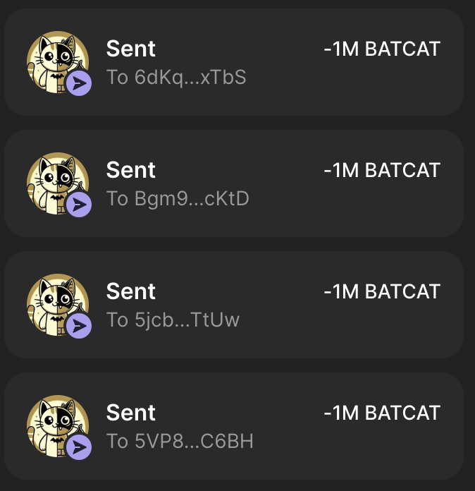 SnorterToken7's tweet image. $batcat has been created, We are sending out tokens to buyers!  🚀

To join, Send $SOL to: 
BATCAx6bdbbdRNTJvCbFRao9dik9aJeqQf8YFvJ9H566

🦇 1 SOL = 100,000,000 $batcat 😼 (50% BONUS - ONLY FOR 24H)
🦇 Minimum Buy: 0.25 $SOL 😼 

🪂 Drop your Solana $SOL address below &amp;amp; RT ♻️