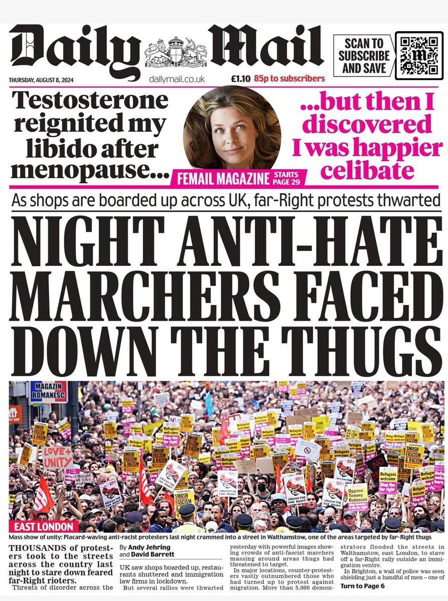 lowles_nick's tweet photo. While, of course, many of the largest mobilisations happened in very socially liberal areas, such as Walthamstow and Brighton, the energy it transported was carried far beyond far these areas.

Just look at the front pages, the narrative is positive and anti-racist https://t.co/R6mvlwRNK0