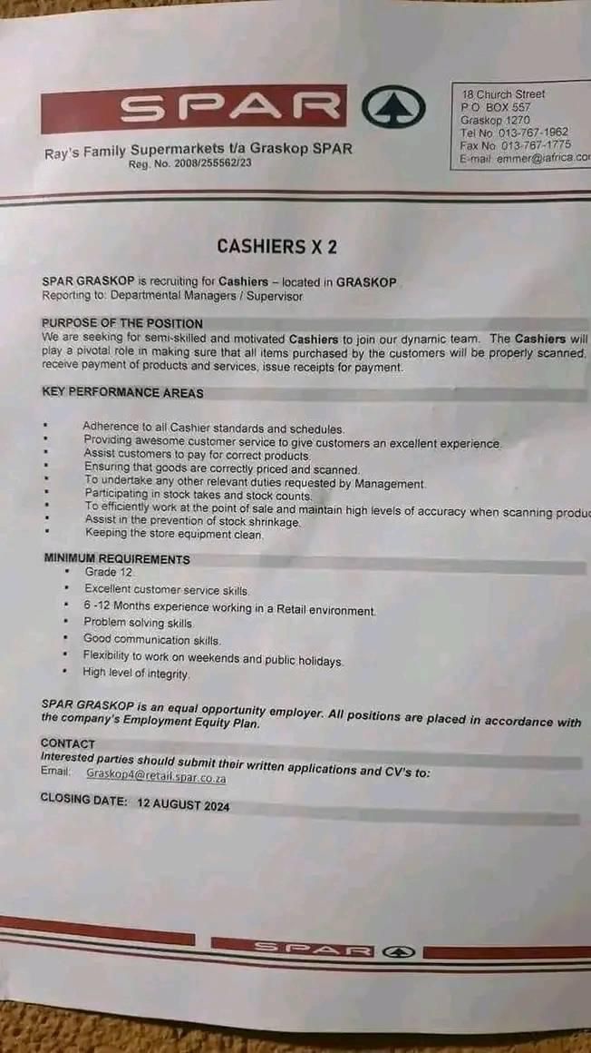 luwax1983's tweet photo. 📌 Graskop / Cashier

#jobs #vacancy 

Miss SA Chidimma Adetshina DJ Sbu Lerato Kganyago Julius Malema Pearl Thusi home affairs LERATO https://t.co/f47TEESlca